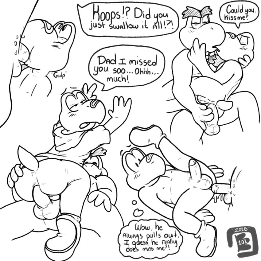 2boys 4_fingers anal anal_sex anthro ass bandage beard body_hair bowserboy101 chest_hair cum cum_in_ass cum_inside cum_on_penis dialogue english_text facial_hair father father_and_son fellatio footwear gay highres incest kissing koopa koopa_troopa koopley koops male mario_(series) monochrome moustache nintendo on_top oral paper_mario penetration penis raised_leg reptile scalie sex shoes simple_background son son_blowing_dad text thought_bubble turtle white_background yaoi