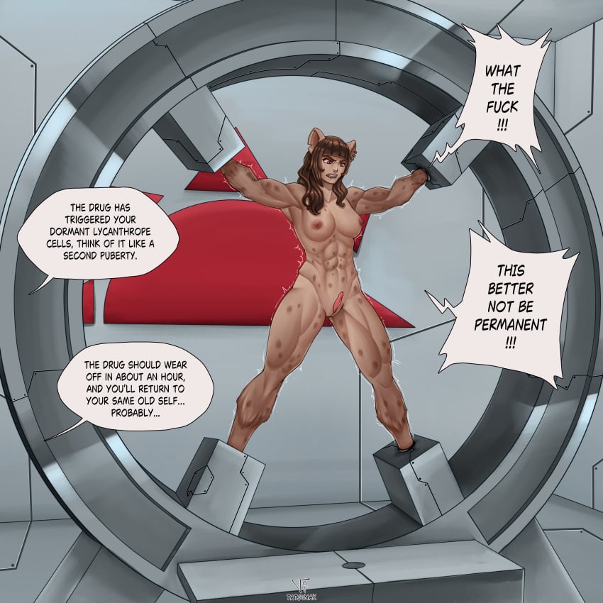 abs agents_of_dawn animal_ears bondage clit_growth clitoris dialogue english_text experiment female furry heidi_grimm hyena_girl lab large_clitoris muscular nude spread_legs tatatsumak