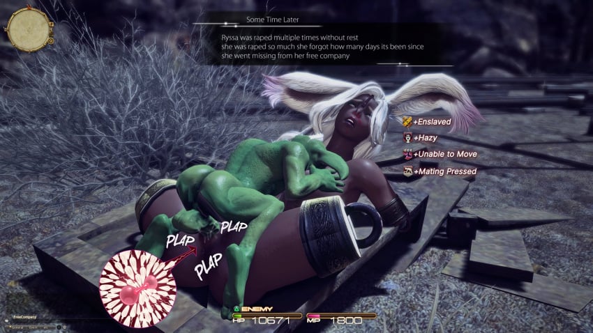 anonorenk broken_rape_victim dark-skinned_female defeated defeated_heroine english_text final_fantasy_xiv fucked_into_submission fucked_senseless gameplay_mechanics goblin goblin_rape gpose(ffxiv) helpless impregnation larger_female nose_hook quadruple_amputee rape raped_by_enemy small_dom_big_sub smaller_male viera