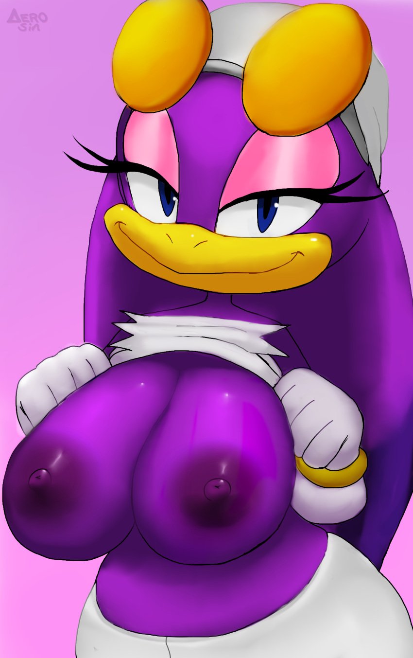 aerosin anthro areolae avian beak big_breasts bird blue_eyes breasts eyeshadow furry huge_breasts looking_at_viewer makeup nipples non-mammal_breasts purple_body smile solo sonic_(series) sonic_riders sonic_the_hedgehog_(series) swallow_(bird) wave_the_swallow