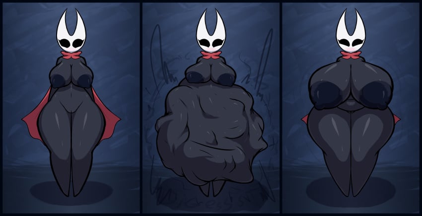 ass_expansion big_ass big_belly big_breasts black_body breast_expansion cape digestion fatal_vore female female_pred happy hollow_knight hornet_(hollow_knight) red_clothing sequence struggling struggling_prey unknown_prey vore vore_belly