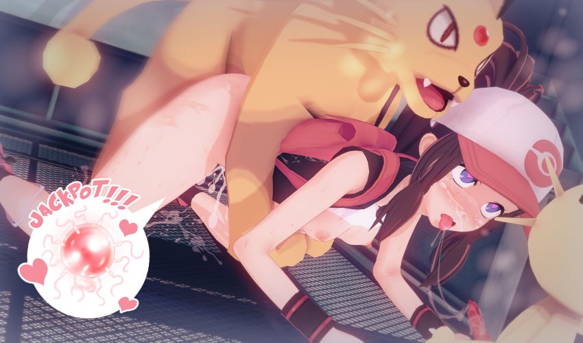 1girls 2boys cum doggy_style female functionally_nude hat heart-shaped_pupils hilda_(pokemon) male meowth partially_clothed persian pokemon pokemon_bw pokephilia sex witchanon