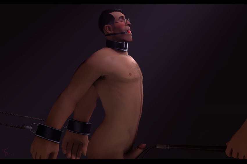 3d ball_gag bondage bondage bondage_cuffs chest_hair collar cuffs erection gay glasses human_only male_only medic_(team_fortress_2) neminder nipples nude nude_male riding_crop sfm source_filmmaker team_fortress_2 teasing teasing_penis yaoi