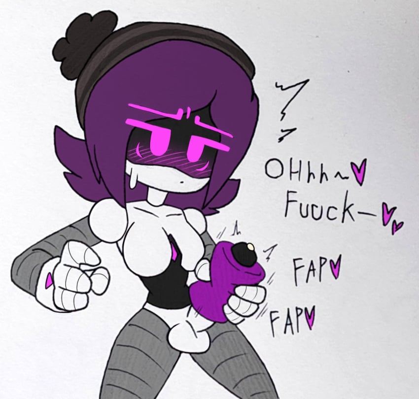 b5kbao7oagzbnlf_(artist) balls ballsack beanie beanie_hat blush breasts fapping futanari glitch_productions heart heart heart_symbol masturbation murder_drones no_nipples precum purple_blush purple_eyes purple_hair purple_hearts sex_toy sweatdrop uzi_(murder_drones) worker_drone