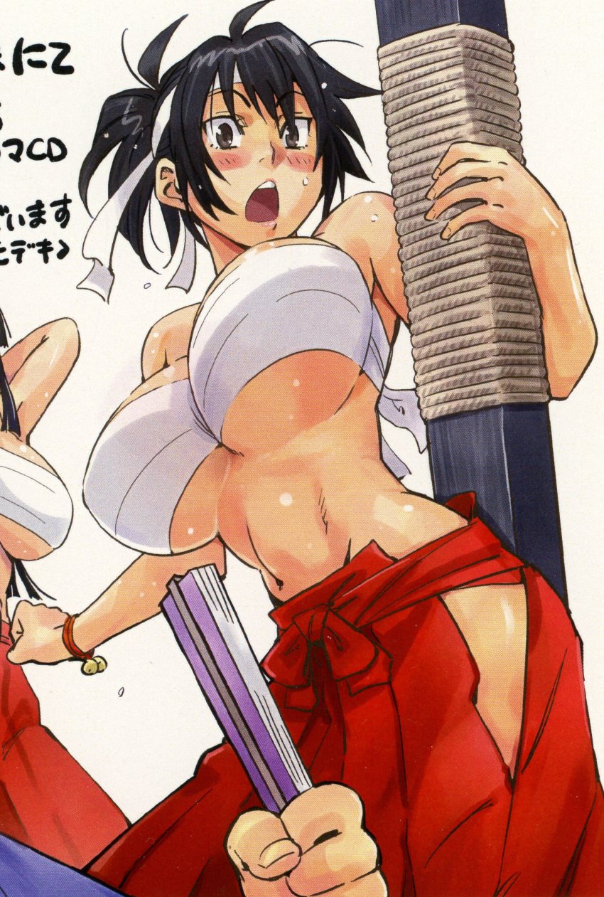 1girls big_breasts blush breast_shake_festival competition curvy embarrassed fan female fit_female hair_up hakama headband huge_breasts large_breasts manyuu_chifusa manyuu_hikenchou navel pole ponytail red_hakama stomach sweat tomboy underboob wrist_bell