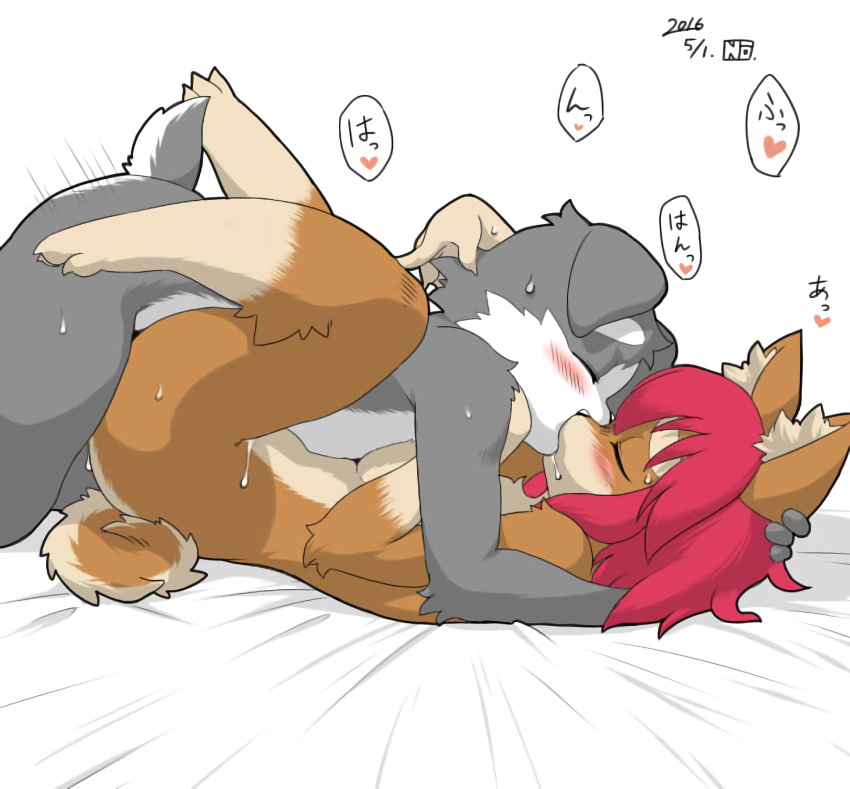 2016 ambiguous_penetration blush canine closed_eyes cum female french_kissing hair hug kemono kissing lying male mammal missionary_position no_(artist) nude on_back penetration red_hair saliva sex simple_background straight yoriko