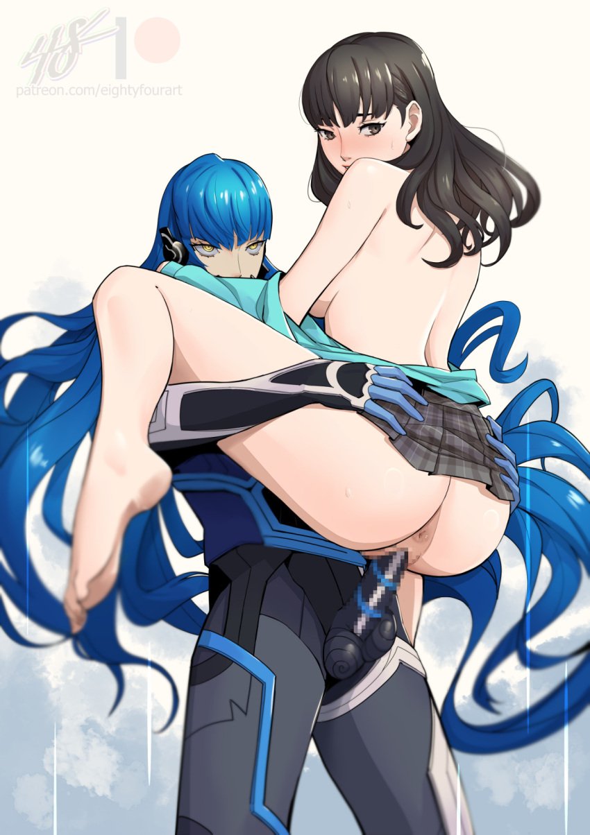 1boy 1girls anus anus_peek armored_male ass ass_grab asshole atlus back_view blue_hair bodysuit brown_eyes brown_hair carrying carrying_partner dark_anus divine eightyfourart functionally_nude functionally_nude_female god gold_eyes human human_female isonokami_tao_(megami_tensei) leg_up legs light-skinned_female light_skin long_hair megami_tensei nahobino_(smt) no_bra no_panties nude nude_female nude_female_clothed_male open_clothes open_shirt penis penis_in_pussy protagonist_(shin_megami_tensei_v) pussy shin_megami_tensei shin_megami_tensei_v shirt shirt_around_waist shirt_down sideboob skirt skirt_lift skirt_up stand_and_carry_position standing standing_sex tight_anus upright_straddle vagina vaginal_penetration vaginal_penetration vaginal_sex