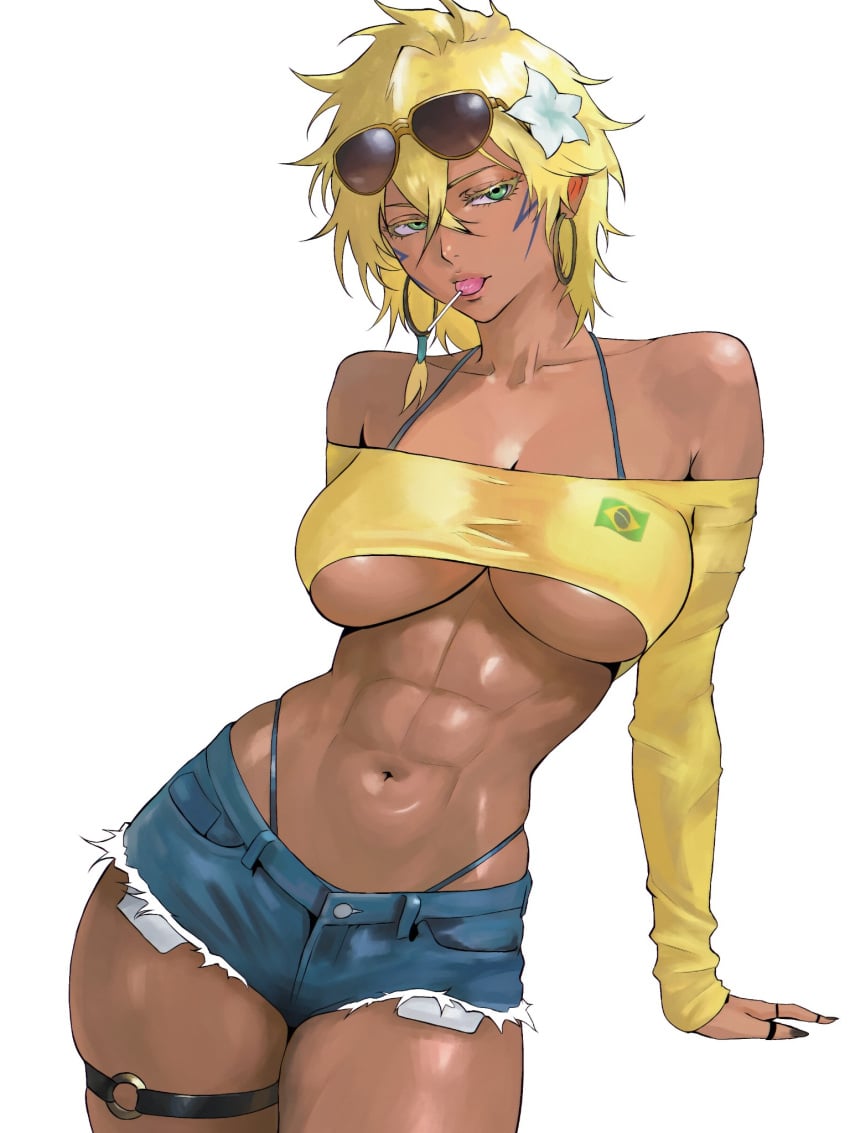 1girls abs bleach blonde_hair brazilian brazilian_female brazilian_miku_(cosplay) crop_top dark-skinned_female dark_skin female female_only insomniaboin lollipop looking_at_viewer muscular muscular_female short_hair short_shorts shorts skimpy skimpy_clothes solo sunglasses sunglasses_on_head thong thong_straps tia_harribel toned toned_female underboob