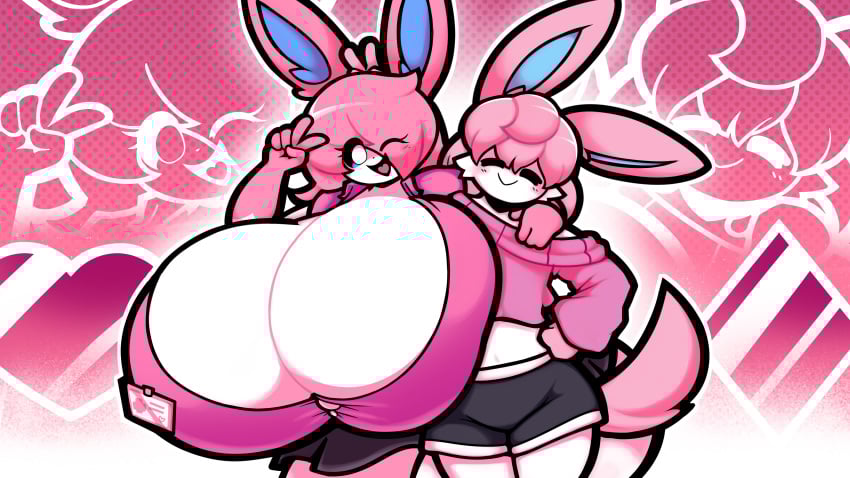2girls abstract_background ass belly_button big_breasts big_thighs blue_eyes breasts button_gap cleavage crop_top dewbber duo duo_female female female_only furry generation_6_pokemon huge_breasts huge_thighs hyper_breasts large_breasts large_thighs nurse peace_sign pink_hair pink_topwear pokémon_(species) pokemon pokemon_(species) selene_(itsawulf) skirt squished_breasts sylveon tail thick_thighs thighs white_fur wide_hips