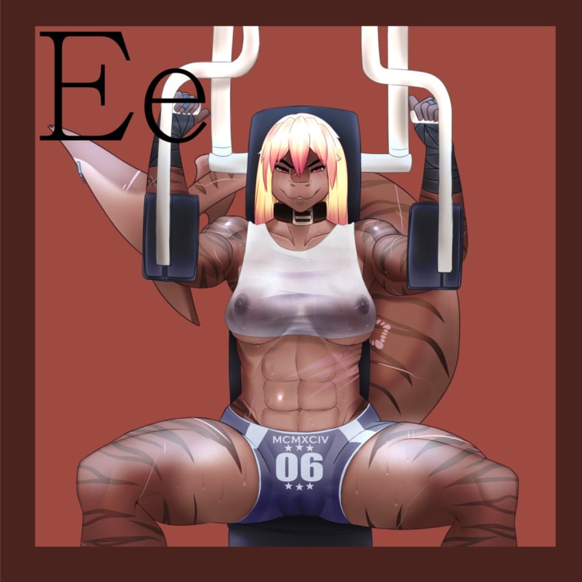 abs anthro breasts clothed collar exercise female fish kalie looking_at_viewer marine muscular muscular_female nipples red_eyes see-through shark sweat theorangewolf workout