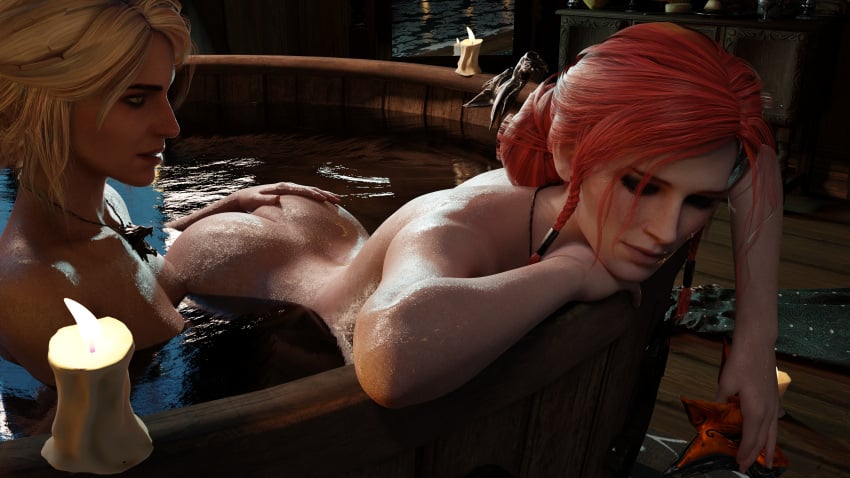 2girls 3d ass ass_grab bathing breasts bzth cd_projekt_red ciri closed_eyes completely_nude female freckles green_eyes light-skinned_female mascara nipples nude red_hair the_witcher_(series) the_witcher_3:_wild_hunt triss_merigold wet_body white_hair wishmaster witcher_medallion