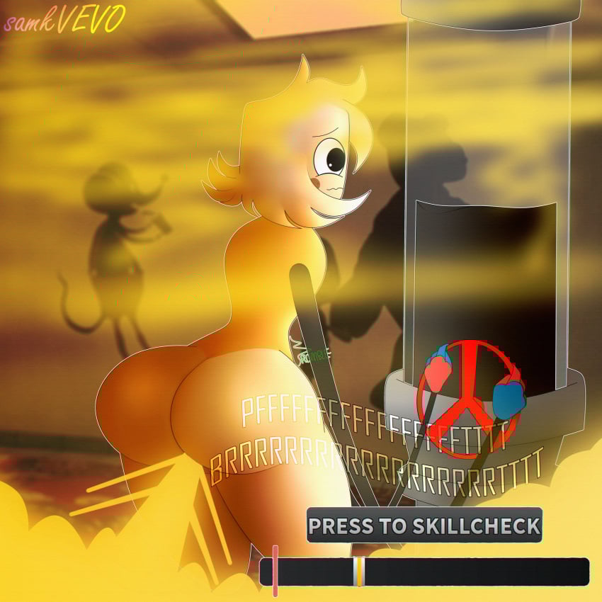 1boy big_ass dandy's_world fart fart_cloud farting gameplay_mechanics goob_(dandy's_world) male samkvevo tagme text