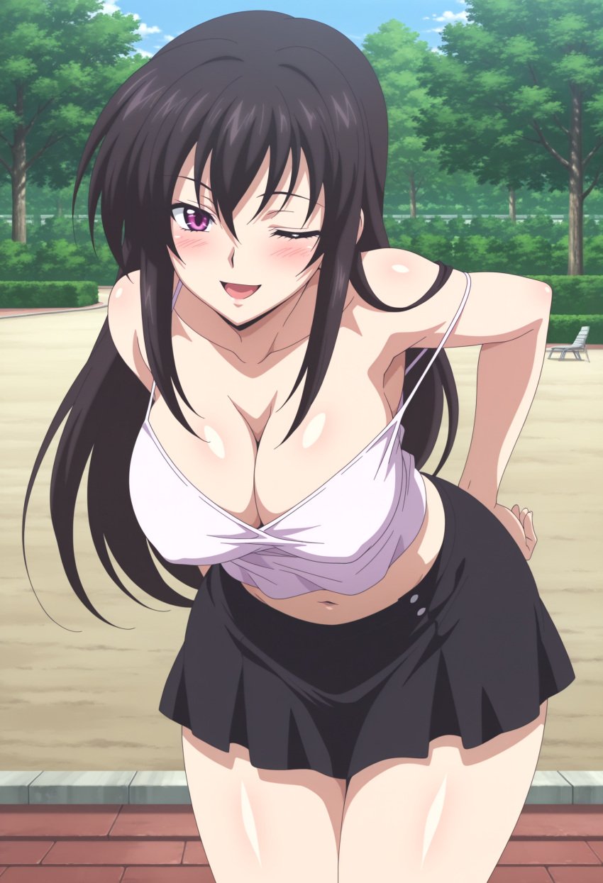 ;d ai_generated arisato_yu armpits arms_behind_back bangs bare_shoulders bent_over black_clothes black_hair black_skirt blue_sky blush breasts camisole clavicle cleavage clothing cloud covered_erect_nipples cute_face day erect_nipples_under_clothes fallen_angel female female_only female_solo fit_female hair_between_eyes hand_on_hip hanging_breasts high_resolution high_school_dxd lamppost large_breasts leaning_forward light-skinned_female light_blush light_skin long_hair looking_at_viewer midriff miniskirt navel one_eye_closed open_mouth outdoors park png purple_eyes raynare shiny shiny_skin shirt sidelocks skirt sky smile smiling_at_viewer solo strap_slip thighs tree violet_eyes wink