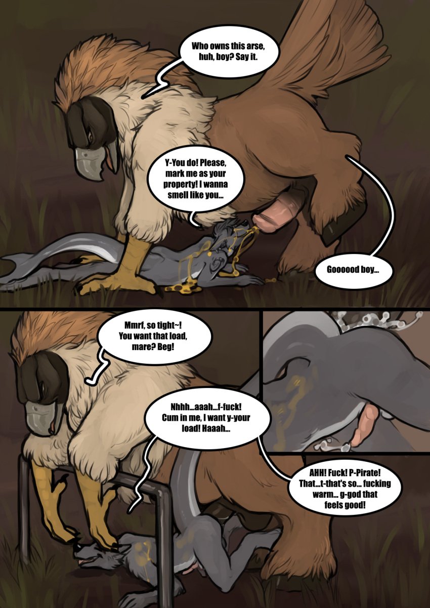 accipitrid accipitriform anal anal_sex anthro avian balls bird bodily_fluids canid canine canis comic cum dialogue eagle english_text erection european_mythology feral fish fur genital_fluids genitals greek_mythology hi_res hippogriff hybrid kaisharkwolf looking_pleasured male male/male male_penetrated male_penetrating male_penetrating_male mammal marine mythological_avian mythological_creature mythology nude pain peeing penetration penis philippine_eagle pirate_eagle sex shark text torakuta urine urine_stream watersports wolf