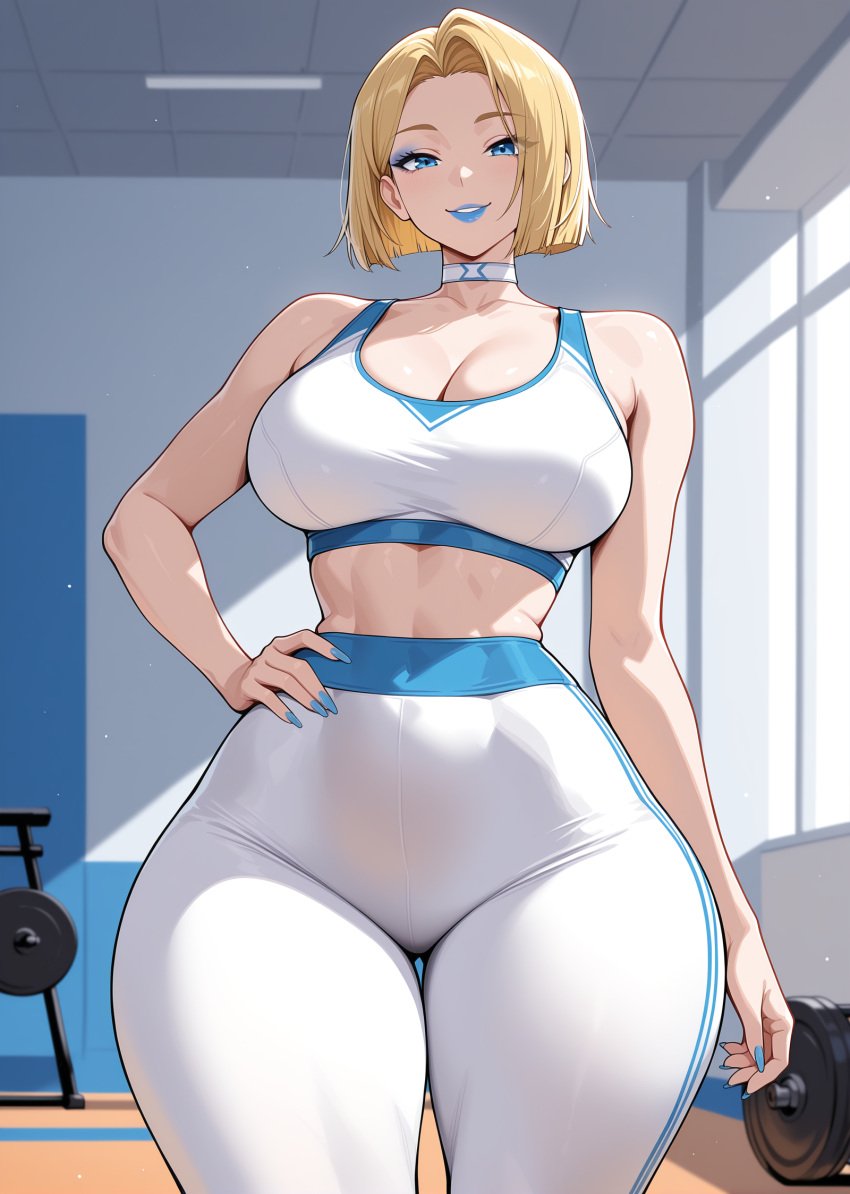 1girls 2d ai_female ai_generated big_breasts blonde_female blonde_hair blue_eyes blue_eyeshadow blue_lipstick blue_nails bob_cut breasts caucasian caucasian_female choker clothed emma_frost emma_frost_(marvel_rivals) eyelashes eyeshadow female female_focus gym hair_behind_ear half-closed_eyes hand_on_hip high_heels hips hips_wider_than_shoulders kalanhrae leggings leotard lingerie_only long_nails looking_at_viewer marvel marvel_comics marvel_rivals mature mature_female medium_hair milf pale-skinned_female pale_skin safe seductive seductive_eyes seductive_look sex sexy shiny_skin smile smiling smiling_at_viewer sports_bra thick_thighs voluptuous voluptuous_female white_queen wide_hips