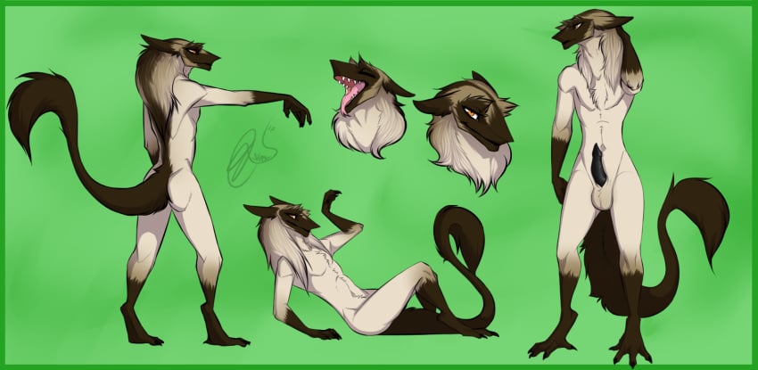 4_fingers 4_toes ass balls bedroom_eyes big_balls black_penis bored brown_fur claws closed_eyes fur green_background half-closed_eyes headshot male mane model_sheet open_mouth orange_eyes paws penis pink_tongue pose seductive sergal sheycra_(artist) simple_background smile tan_fur teeth toes tongue zxara_shane