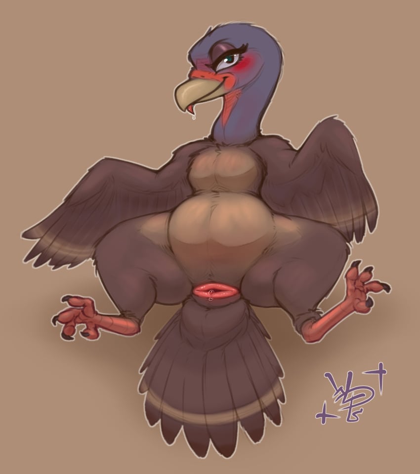 2025 4_toes absurd_res animal_genitalia anisodactyl avian beak bedroom_eyes belly big_belly bird blush bodily_fluids brown_background cere_(anatomy) claws cloaca cloaca_juice cloaca_juice_drip drooling feathered_wings feathers feet female female_feral feral full-length_portrait galliform genital_fluids genitals green_eyes hi_res horizontal_cloaca long_neck looking_at_viewer lying narrowed_eyes on_back outline phasianid portrait presenting presenting_cloaca saliva seductive simple_background spread_legs spreading tail tail_feathers tan_beak thick_thighs toes tongue tongue_out turkey white_outline wings wolps