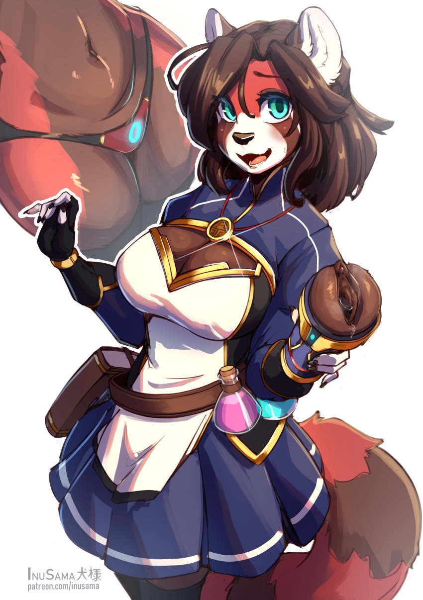 2022 absurd_res ailurid anthro armwear blush bodily_fluids bottomwear breasts brown_body brown_fur cleavage clitoris clothed clothing digital_media_(artwork) english_text female fur genital_fluids genitals gloves hair handwear hi_res inu-sama jewelry legwear looking_at_viewer mammal multicolored_body necklace non-euclidean_sex offering_to_viewer panties penetrable_sex_toy portal portal_fleshlight portal_panties potion potion_bottle pussy red_body red_fur red_panda ruth_failla_thomas_(the_dogsmith) sex sex_toy shirt simple_background skirt smile solo tail text thigh_highs thinking_with_portals topwear underwear vaginal_fluids white_body white_fur