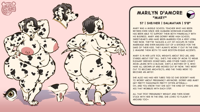 16:9 2025 5_fingers anklet anthro areola ass belly big_areola big_belly big_breasts big_butt breasts canid canine canis character_bio colored_nails dalmatian demisexual_pride_colors digit_ring domestic_dog ear_piercing english_text female fingers fur genitals gingerlybreadart hand_behind_head hand_on_hip hi_res highlights_(coloring) huge_areola huge_breasts huge_butt jewelry lgbt_pride looking_at_viewer mammal marilyn_d'amore markings mature_female model_sheet nails navel necklace nipples nude obese obese_anthro obese_female one_eye_closed overweight overweight_anthro overweight_female paws piercing pride_colors pussy ring solo spots spotted_body spotted_fur stretch_marks text thick_thighs wedding_ring white_body wide_hips widescreen wink winking_at_viewer
