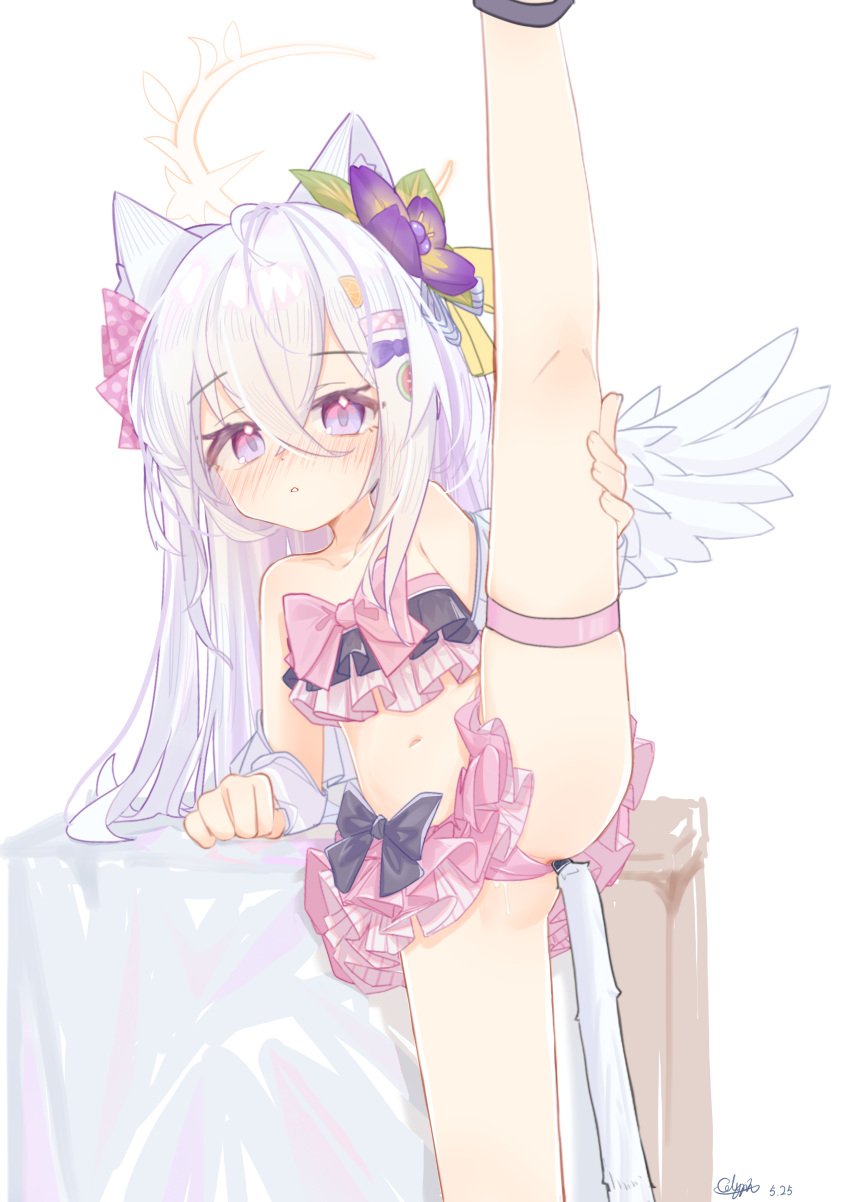 absurdres anal anal_object_insertion anal_tail animal_ears azusa_(blue_archive) azusa_(swimsuit)_(blue_archive) bikini bikini_bottom_aside blue_archive cat_ears cat_tail chinese_commentary clothing_aside commentary_request crossed_bangs fake_tail feathered_wings female glyphsss highres leg_up long_hair object_insertion official_alternate_costume parted_lips partial_commentary pink_bikini purple_eyes pussy_juice split standing standing_on_one_leg standing_split swimsuit tail thigh_strap white_hair wings young