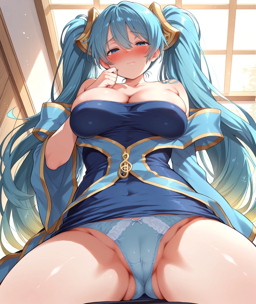 ai_generated aqua_hair bare_shoulders big_breasts big_thighs blue_dress blue_eyes blue_hair blue_panties blush breasts collarbone dress hair hair_between_eyes hair_ornament half-closed_eyes large_breasts laying_down long_hair low_neckline multicolored_hair nose_blush off_shoulder panties shy sona_buvelle strapless twintails wet_body wet_pussy