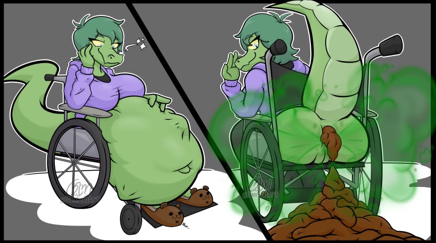 absurd_res anthro baryonyx bottomless bottomless_female cavemanon_studios clothed clothing digestion dinosaur disability fart fart_cloud feces female gamsobart hi_res i_wani_hug_that_gator olivia_halford paraplegic prehistoric_species reptile scalie scat signature solo spinosaurid theropod vehicle vore wheelchair