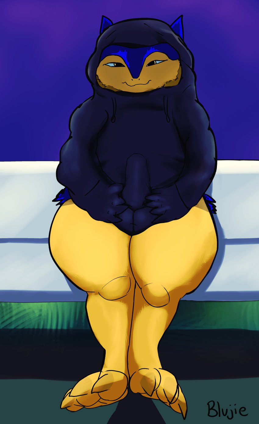 absurd_res anthro balls bench big_balls big_penis blue_body blue_fur blujie bottomless bulge bulge_grab claws clothed clothing conditional_dnp detailed_bulge erection fan_character feet fur generation_2_pokemon genital_outline genitals hand_in_pocket hand_on_penis hands_in_both_pockets hi_res hiding_erection hood hood_up hoodie hoodie_only looking_at_viewer male male_only masturbation nintendo penis penis_outline pockets pokemon pokemon_(species) sitting solo thick_thighs topwear topwear_only typhlosion yellow_body yellow_eyes yellow_fur