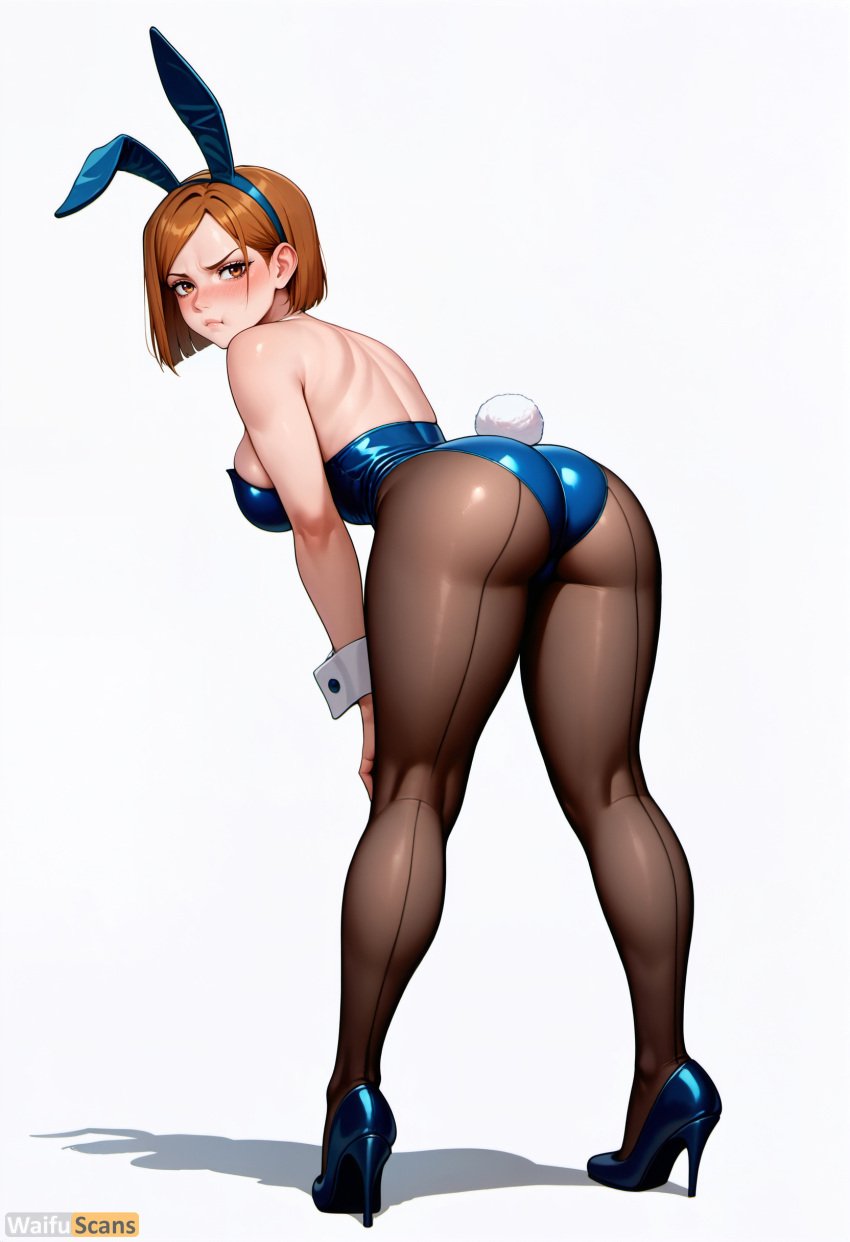 ai_generated animal_ears artist_name ass bangs bare_shoulders blue_leotard blush breasts brown_eyes brown_hair brown_pantyhose closed_mouth fake_animal_ears fake_tail female from_behind full_body high_heels high_resolution highres jujutsu_kaisen kugisaki_nobara large_breasts leotard looking_at_viewer looking_back pantyhose playboy_bunny rabbit_ears rabbit_tail shiny_clothes short_hair sideboob simple_background solo stable_diffusion standing strapless strapless_leotard tail thighs waifuscans418 white_background wrist_cuffs