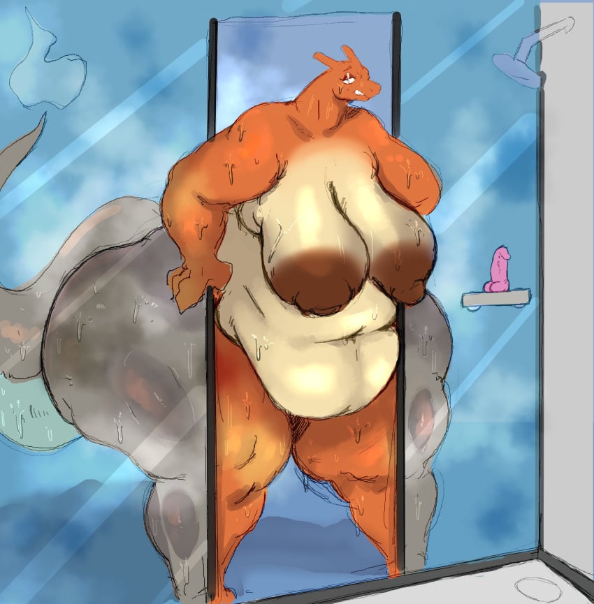 1girls after_shower alternate_version_available anthro areolae ass ass_bigger_than_head bbw big_areola big_ass big_breasts big_butt bottom_heavy breasts breasts_bigger_than_head breastwizard bubble_butt charizard chubby chubby_female curvaceous curvy curvy_figure dildo dina_(zombiesl8yer38) dragon dragon_girl erect_nipples female female_only game_freak huge_ass huge_breasts nintendo pokemon scalie sex_toy shower_room small_dildo solo solo_female steam steaming_body stuck stuck_in_door thick_thighs voluptuous voluptuous_female wet wet_body wide_hips