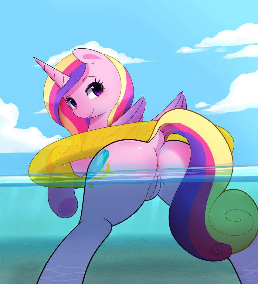 2017 absurd_res alicorn anus ass cloud cutie_mark dock equine eyelashes feathered_wings feathers female feral friendship_is_magic hair hi_res horn inner_tube long_hair looking_at_viewer looking_back mammal multicolored_hair multicolored_tail my_little_pony outside partially_submerged pinkcappachino princess_cadance_(mlp) purple_eyes pussy rear_view sky smile solo water wings