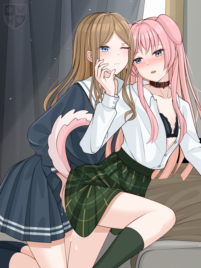 2girls absurdres animal_ears bang_dream! bang_dream!_it's_mygo!!!!! black_bra black_socks blue_shirt blue_skirt blush bra brown_hair chihaya_anon closed_mouth collar commentary_request dog_ears dog_girl dog_tail dress_shirt female fffteam fingering green_skirt green_socks grey_hair haneoka_school_uniform highres kemonomimi_mode kneehighs long_hair long_sleeves looking_at_another multiple_girls nagasaki_soyo one_eye_closed open_mouth partially_unbuttoned pink_hair plaid_clothes plaid_skirt pleated_skirt pussy_juice red_collar saliva school_uniform shirt shirt_tucked_in sidelocks skirt smile socks tail tsukinomori_school_uniform underwear white_shirt yuri