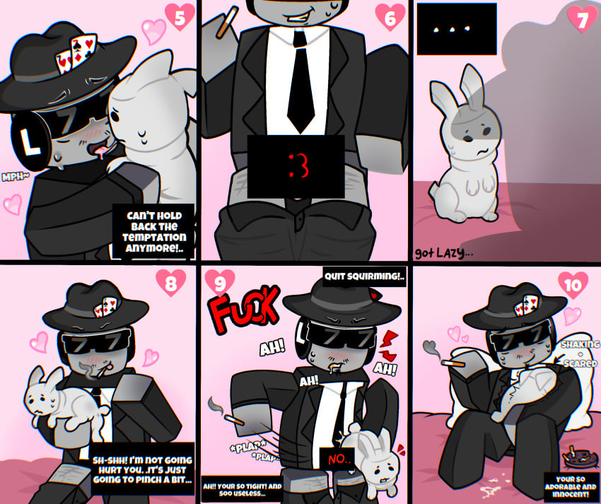 <3 ... 1animal 1boy :3 ambiguous_gender blush bunny censored censored_penis chance_(forsaken) clothed cum dialogue fatal(artist) feral feral_penetrated forced forsaken forsaken_(roblox) gubby_(roblox) human_on_feral kissing noncon nonconsensual plap_(sound) rape raped roblox robloxian scared self_harm_scars shaking size_difference smoking suit_and_tie tagme what