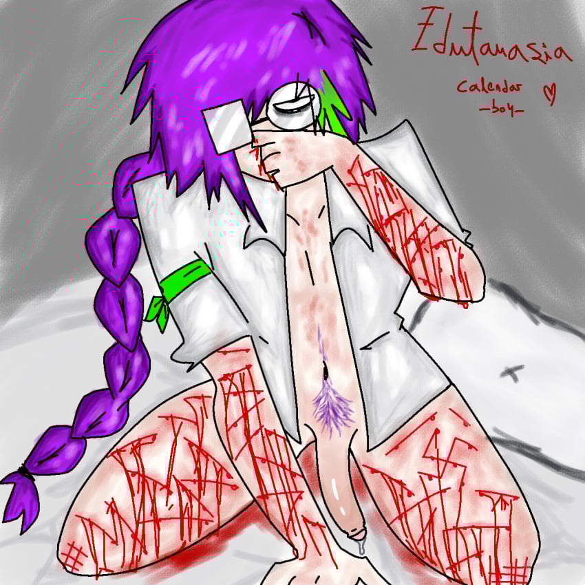 1boy blood_drip blood_in_mouth blood_stain cuts cuts_on_arms cuts_on_thighs edgy fhs fhsz3r0 fnafhs fnafhs_z3ro fnafhsrule34 fnafhsxxx gore guro long_hair male owynn_(fnafhs) pale-skinned_male pale_skin penis penis_out pubic_hair purple_hair self_harm self_harm_fetish solo solo_focus solo_male