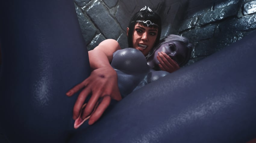 2females 2girls 3d baldur's_gate_3 big_breasts black_hair braided_hair circlet closed_eyes closed_mouth drow elf_female fingering fingering_partner fingering_pussy forgotten_realms grin kamadeva masturbation minthara nude pointy_ears purple_body shadowheart white_hair