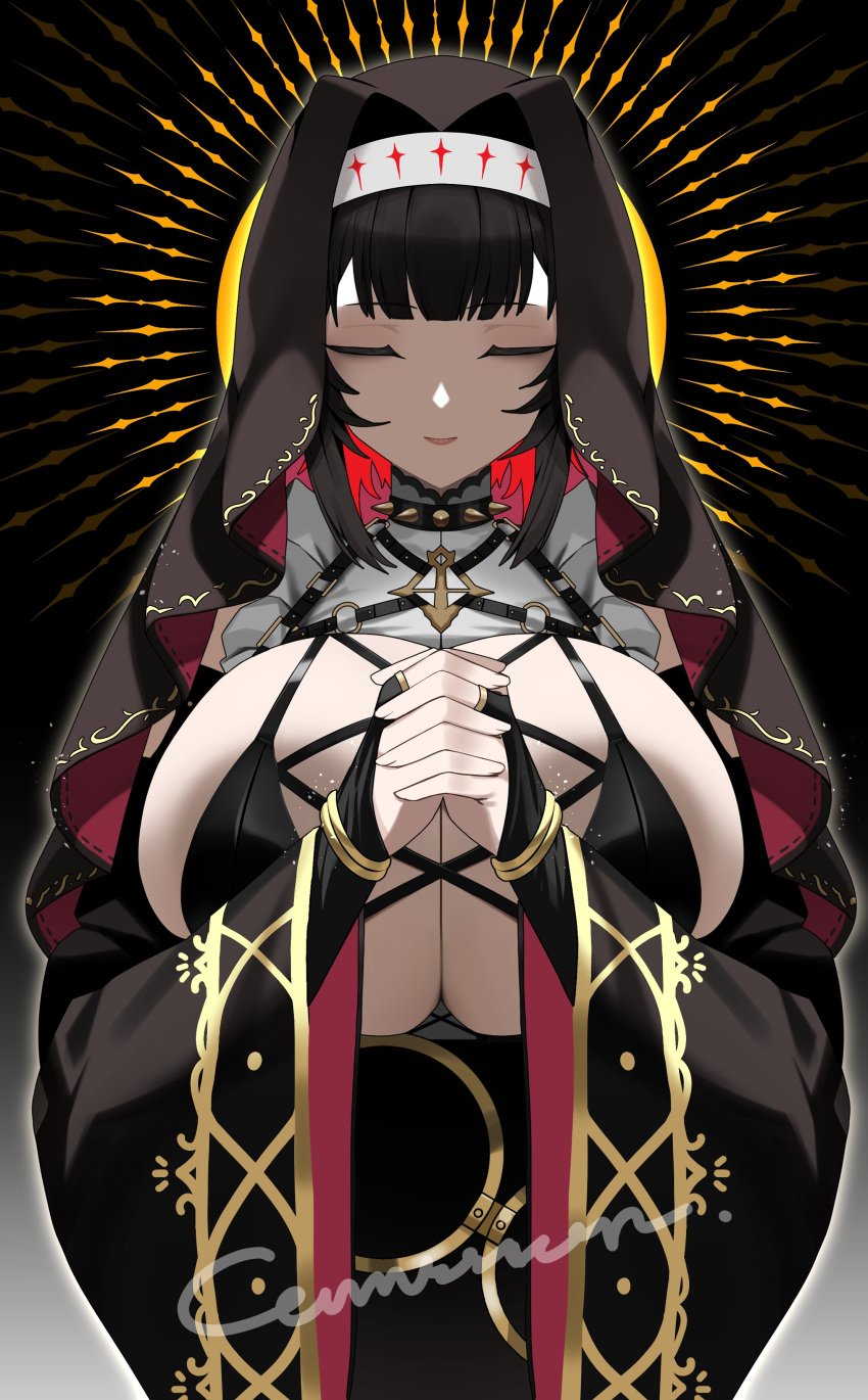 bikini black_hair breasts cleavage closed_eyes collar female_only frills huge_breasts interlocked_fingers nun original praying solo spiked_collar su_(septyanss) veil