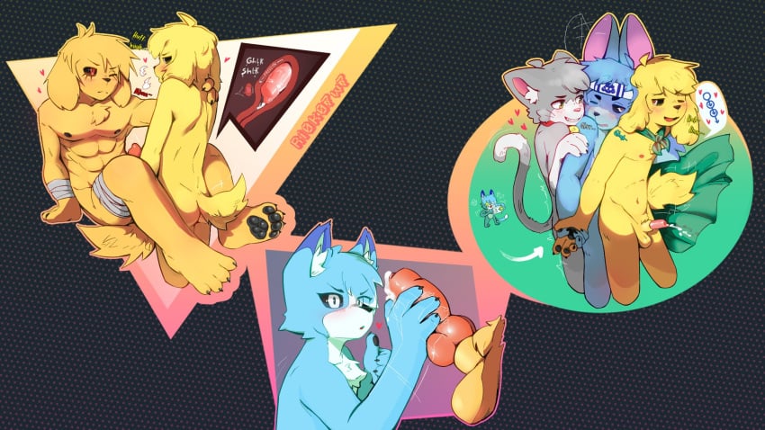 abs acenix akela blowjob blush boy boys canine cat_ears cum cute erection feline flexvega gay girl heart huff los_compas man men mikecrack mikecrack.exe moaning moaning_in_pleasure moans muscular paws rioko size_difference threesome two_boys wagging_tail woman yellow_body yellow_fur