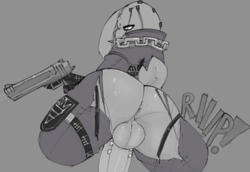 anthro anus ass balls big_butt bodily_fluids bottomwear clothing epic_games fortnite genitals glistening glistening_butt gun jumpsuit lagomorph leporid looking_back low-angle_view male mammal nitehare_(fortnite) ongongio penis rabbit ranged_weapon solo sweat torn_bottomwear torn_clothing underwear wardrobe_malfunction weapon