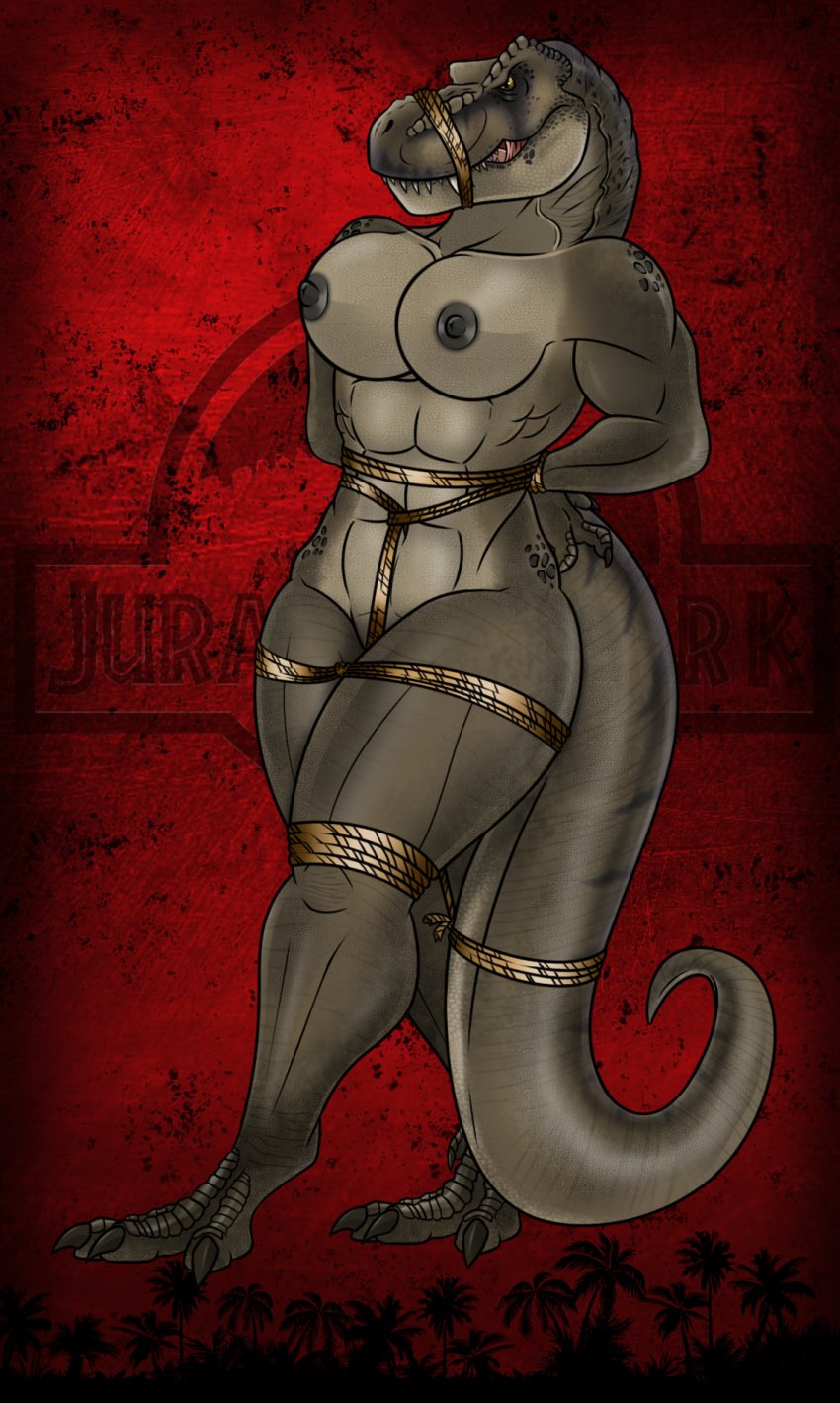 angry anthro big_breasts bondage bondage bound breasts brown_body claws crotch_rope dinosaur female finger_claws gag gagged genitals hands_behind_back hands_tied hi_res jurassic_park legs_tied lovemummification muscular muscular_anthro muscular_female navel nipples non-mammal_breasts non-mammal_nipples nude prehistoric_species pussy reptile restraints rexy_(jurassic_park) rope rope_bondage rope_gag rope_harness scalie solo submissive submissive_anthro submissive_female tail tail_bondage tail_tied teeth theropod thick_thighs toe_claws tongue tyrannosaurid tyrannosauroid tyrannosaurus tyrannosaurus_rex universal_studios walking