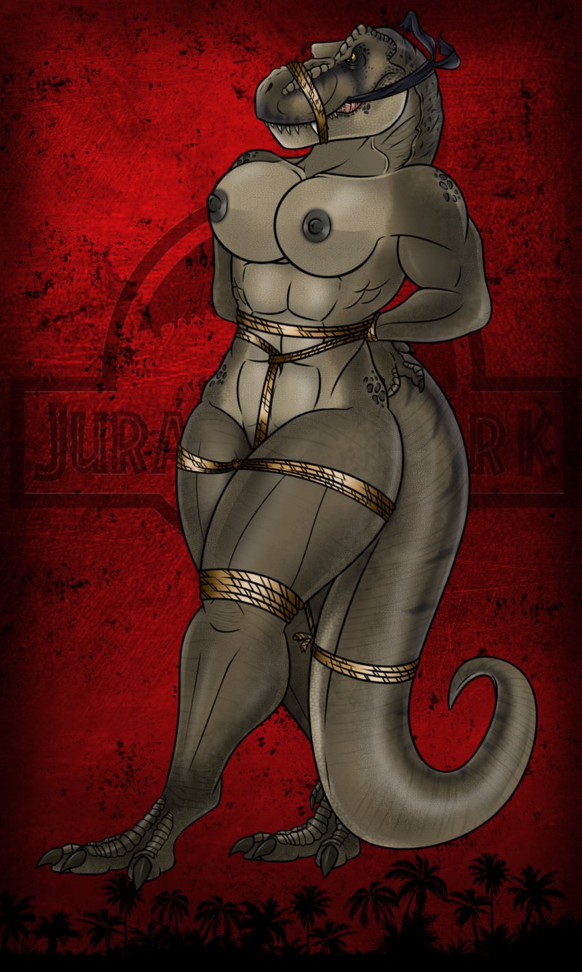 angry anthro big_breasts bondage bondage bound breasts brown_body claws cleave_gag crotch_rope dinosaur female finger_claws gag gagged genitals hands_behind_back hands_tied hi_res jurassic_park legs_tied lovemummification muscular muscular_anthro muscular_female navel nipples non-mammal_breasts non-mammal_nipples nude prehistoric_species pussy reptile restraints rexy_(jurassic_park) rope rope_bondage rope_gag rope_harness scalie solo submissive submissive_anthro submissive_female tail tail_bondage tail_tied teeth theropod thick_thighs toe_claws tongue tyrannosaurid tyrannosauroid tyrannosaurus tyrannosaurus_rex universal_studios walking