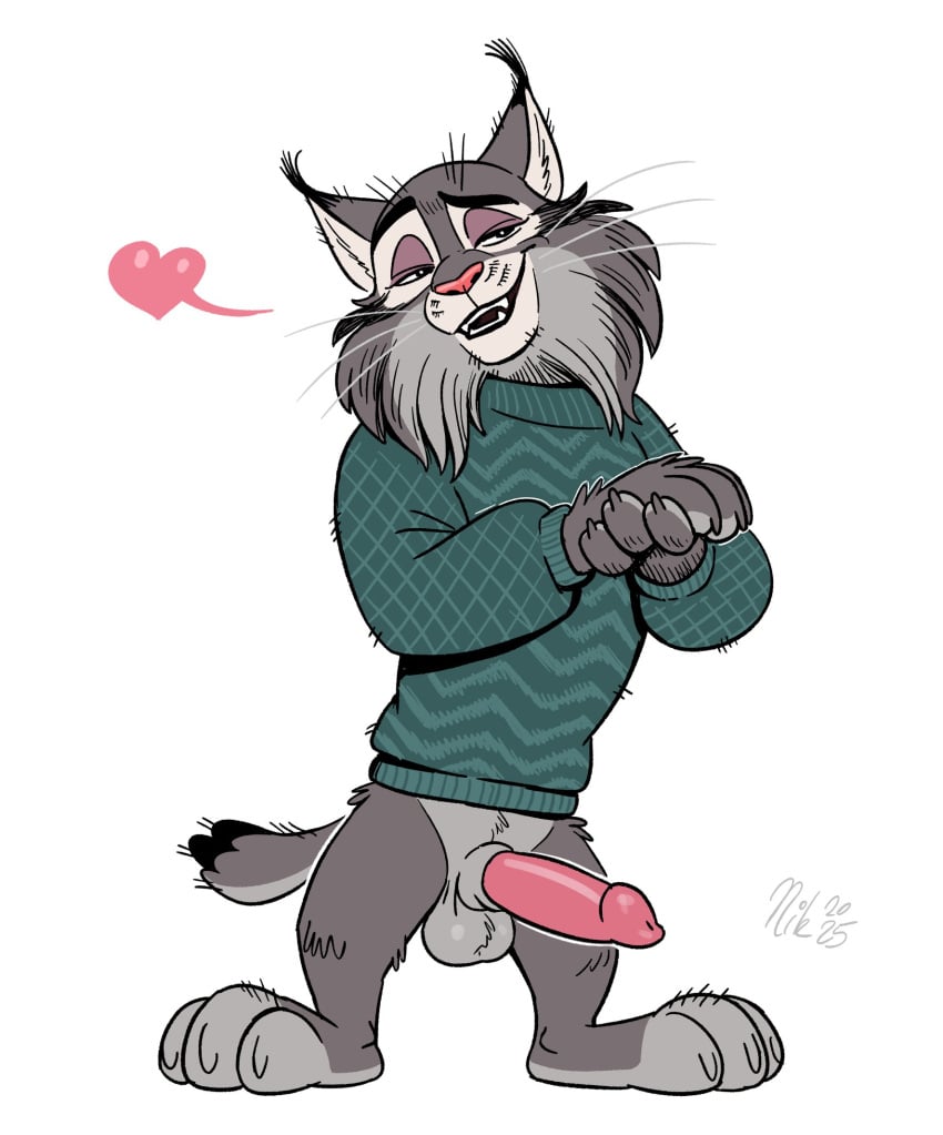 3_toes anthro balls bottomless bottomless_anthro bottomless_male clothed clothing digital_media_(artwork) disney erection feet felid feline fingers fur gay gay_male genitals half-closed_eyes hi_res looking_at_viewer lynx male male_only mammal narrowed_eyes nikraccoom penis simple_background smile solo standing sweater sweater_only tail toes topwear topwear_only yaoi zootopia