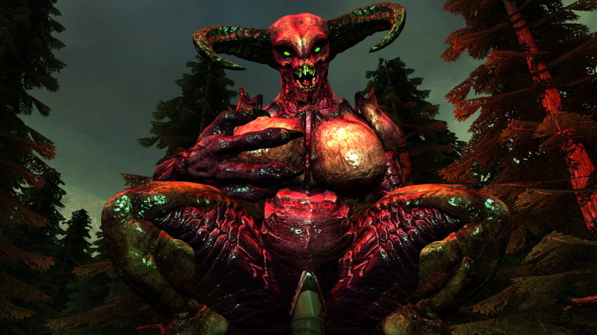 baron_of_hell_(doom) demon doom forest green_eyes holding_breast horns horsecock looking_at_viewer night open_mouth red_body tummy_bulge zengar