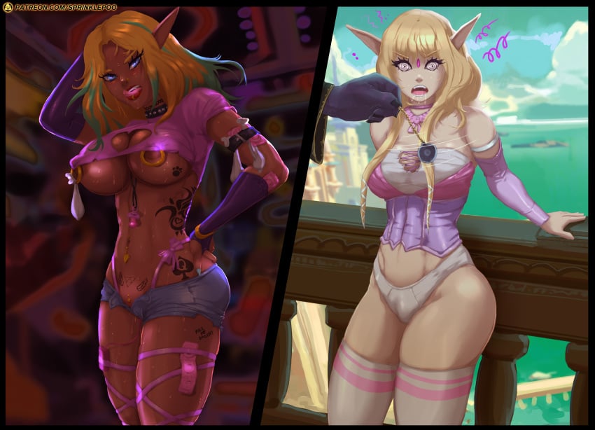 absurdres alternate_costume bare_legs before_and_after blacked blonde_hair breasts condom dark_skin ebonization elf elf_ears exposed_chest femsub ganguro hypnosis jean_shorts large_breasts legs mind_control multicolored_hair necklace nintendo nipple_piercing open_clothes panties pendulum piercing princess princess_zelda prostitution qos queen_of_spades spiral_eyes sprinklepoo symbol_in_eyes tattoo the_legend_of_zelda thighhighs thong_above_shorts underwear used_condom