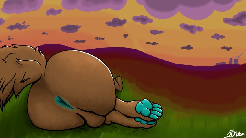 1boy anthro anus ass balls big_butt brown_body brown_fur detailed_background fur genitals hi_res machine male male_only mammal no_name(no_name) no_name_(artist) nude outside pawpads paws protogen raised_tail rear_view shaded solo tail