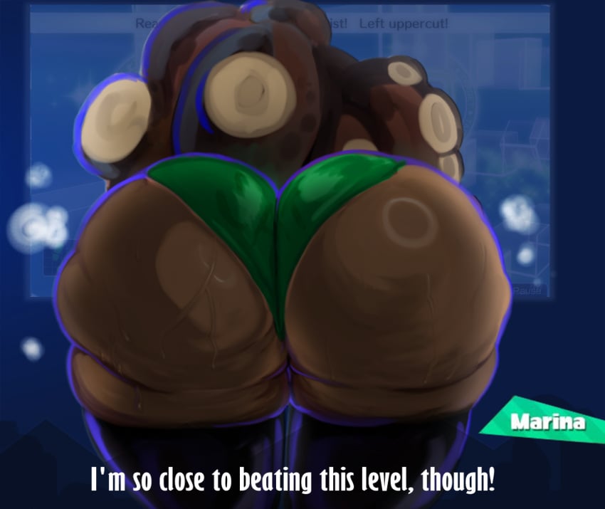 1girls ass ass_focus bent_over big_ass big_butt bottom_heavy bubble_ass bubble_butt clothing dark-skinned_female dark_skin dat_ass dialogue dumptruck_ass fat_ass fat_butt female female_only gamer_girl gaming huge_ass huge_butt indoors large_ass large_butt legwear marina_(splatoon) octoling panties png solo splatoon syrupglazed tentacle_hair text thick_ass thick_thighs wide_hips