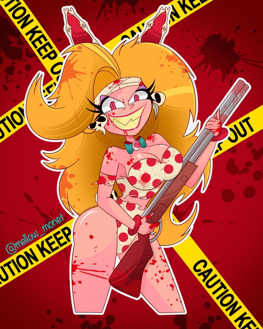 1girls 2022 alternate_version_available big_breasts blonde_hair blood blood_in_hair bones bowtie breasts bunny_costume bunny_ears bunnysuit cleavage covered_in_blood double-barreled_shotgun evil_grin female female_only firearm helluva_boss hourglass_figure martha_(helluva_boss) mellow_monet messy_hair sharp_teeth shotgun sideass signature skull_and_crossbones skull_earrings solo solo_female thick_thighs torn_bodysuit vivienne_medrano vivziepop weapon wide_hips yellow_tape