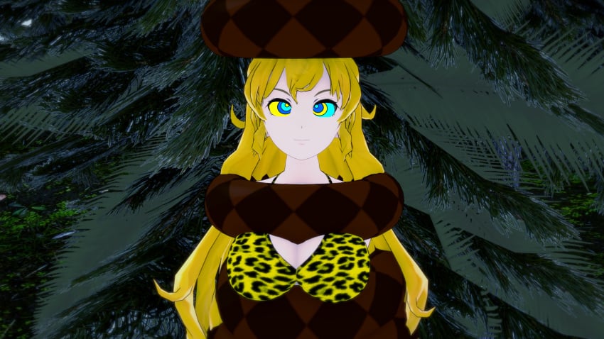 3d bikini blonde_hair breasts coiling eyes_crossed hypnosis kaa_eyes koikatsu lamia large_breasts leopard_print long_hair mind_control monster monster_girl mrkoiru open_mouth original original_character outdoors pale_skin rwby smile snake the_jungle_book yang_xiao_long