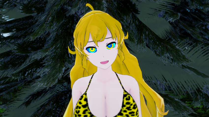 3d bikini blonde_hair breasts hypnosis kaa_eyes koikatsu large_breasts leopard_print long_hair mind_control mrkoiru open_mouth outdoors pale_skin resisting rwby smile the_jungle_book weak_resistance yang_xiao_long