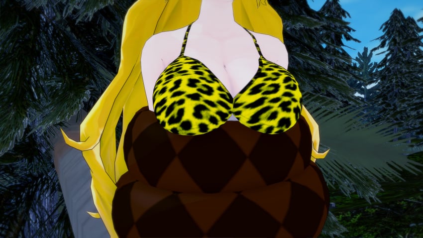 3d bikini blonde_hair breasts coiling eyes_crossed hypnosis kaa_eyes koikatsu lamia large_breasts leopard_print long_hair mind_control monster monster_girl mrkoiru open_mouth original original_character outdoors pale_skin rwby smile snake the_jungle_book yang_xiao_long