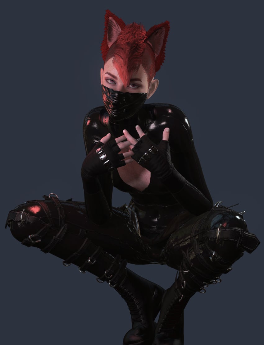 aldtecaia bodysuit covered_mouth fauxhawk fox_ears fox_girl freckles latex latex_bodysuit latex_suit mask mohawk_(hairstyle) noxxyboy pink_eyes pink_hair red_eyes red_fur red_hair succubus tight_clothing tomboy tomboytoy tulpa