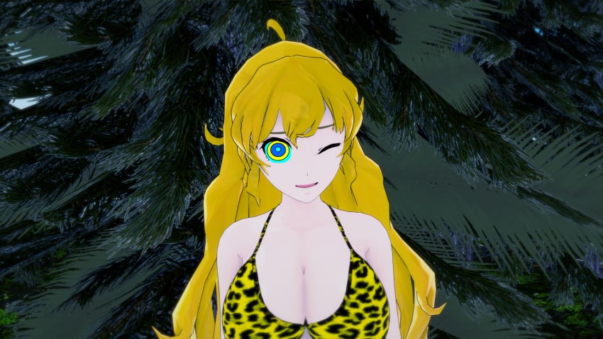 3d bikini blonde_hair breasts hypnosis kaa_eyes koikatsu large_breasts leopard_print long_hair mind_control mrkoiru one_eye_closed open_mouth outdoors pale_skin resisting rwby smile surprised the_jungle_book weak_resistance yang_xiao_long